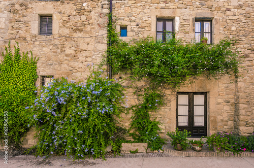 Windows on a stone facade in old medieval town of Peratallada, Spain