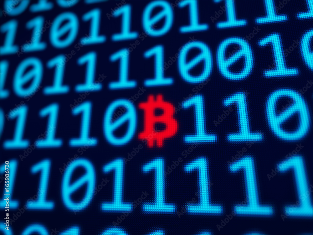 Bitcoin red symbol between blue binary data on pixels screen 3D rendered with depth of field Bitcoin red symbol between blue binary data on pixels screen 3D rendered with depth of field