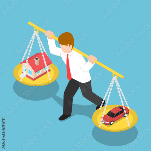Isometric Businessman Carrying House and Car on His Shoulder
