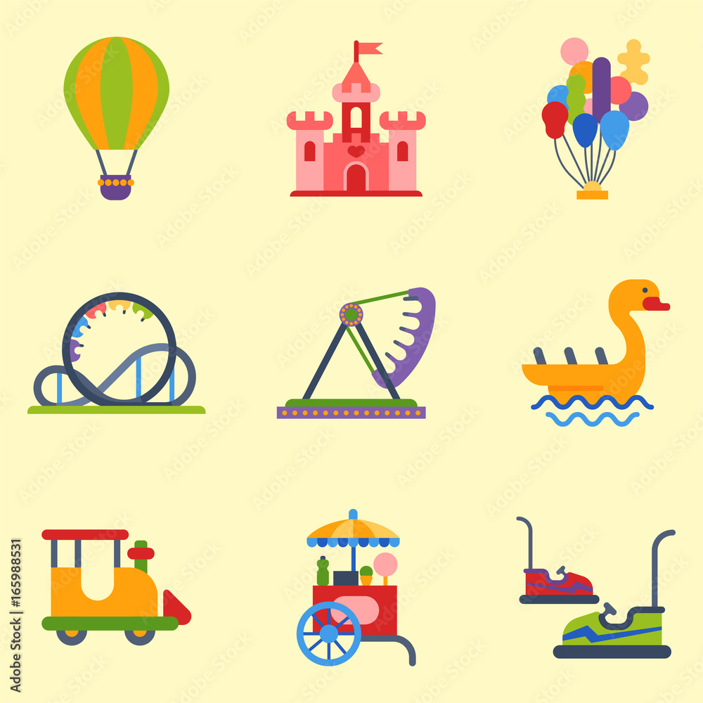 Naklejka premium Carousels amusement attraction park side-show kids outdoor entertainment construction vector illustration.