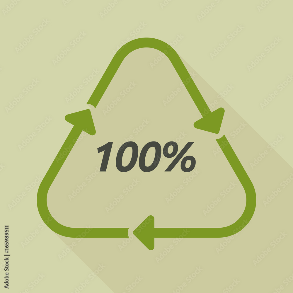 Long shadow recycle sign with the text 100% Long shadow recycle sign with the text 100%