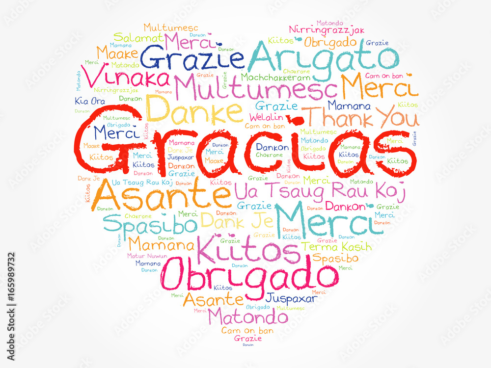 Gracias (Thank You in Spanish) love heart Word Cloud, all languages, multilingual for education or thanksgiving day Gracias (Thank You in Spanish) love heart Word Cloud, all languages, multilingual for education or thanksgiving day