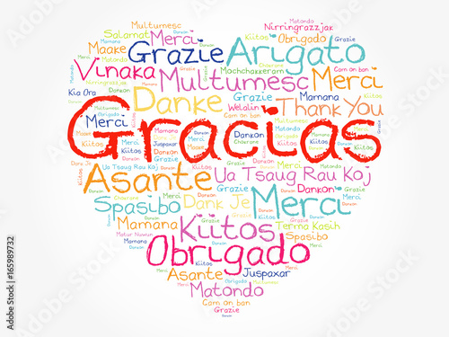 Gracias (Thank You in Spanish) love heart Word Cloud, all languages, multilingual for education or thanksgiving day