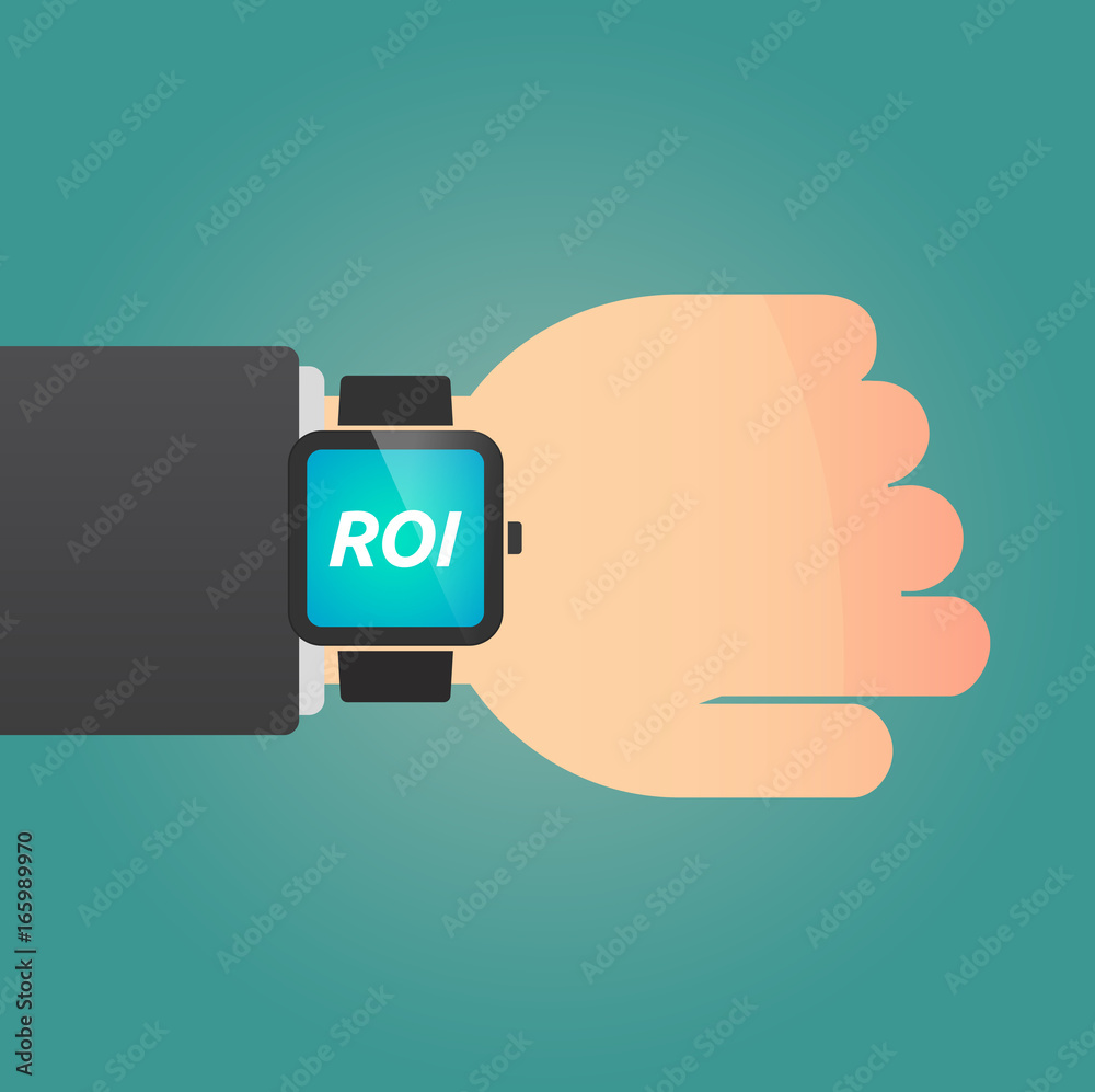 Hand with a smart watch and the return of investment acronym ROI Hand with a smart watch and the return of investment acronym ROI