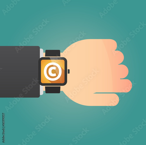 Hand with a smart watch and    the  copyright sign