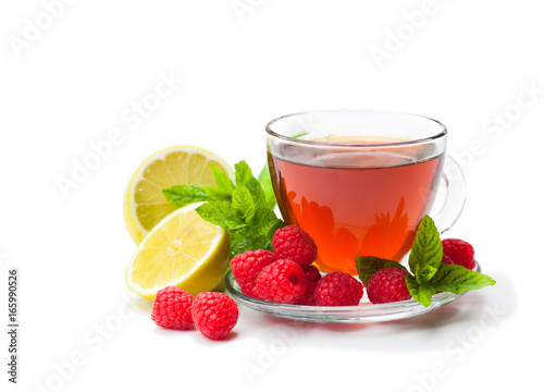 Red fruit tea with raspberry and mint isolated on white background
