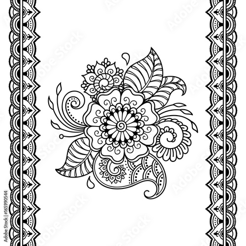 Henna tattoo flower template and seamless border. Mehndi style. Set of ornamental patterns in the oriental style.