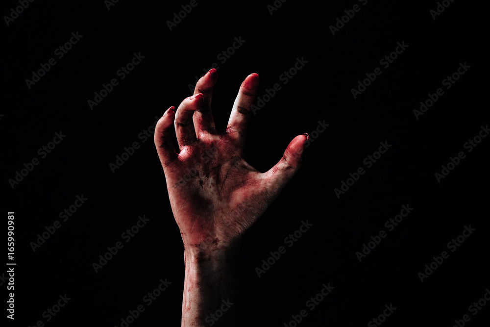 Hand zombie death with blood touching stair on nightmare darkness background, horror halloween festival concept