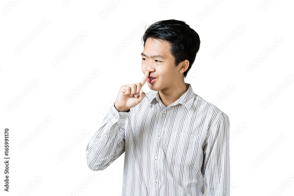 Portrait of a young asian businessman smiling and showing sign hands for shut up. Isolated on white background with copy space and clipping path Portrait of a young asian businessman smiling and showing sign hands for shut up. Isolated on white background with copy space and clipping path