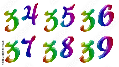 Thirty four, Thirty five, Thirty six, Thirty seven, Thirty eight, Thirty nine, 34, 35, 36, 37, 38, 39 Calligraphic 3D Rendered Digits, Numbers Colored With RGB Rainbow Gradient, Isolated On White photo