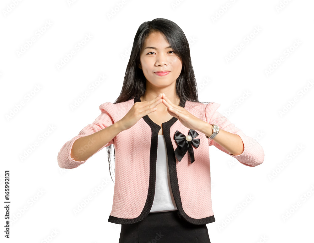portrait of a beautiful asian businesswoman smiling and showing home sign hands. Isolated on white background with copy space and clipping path portrait of a beautiful asian businesswoman smiling and showing home sign hands. Isolated on white background with copy space and clipping path