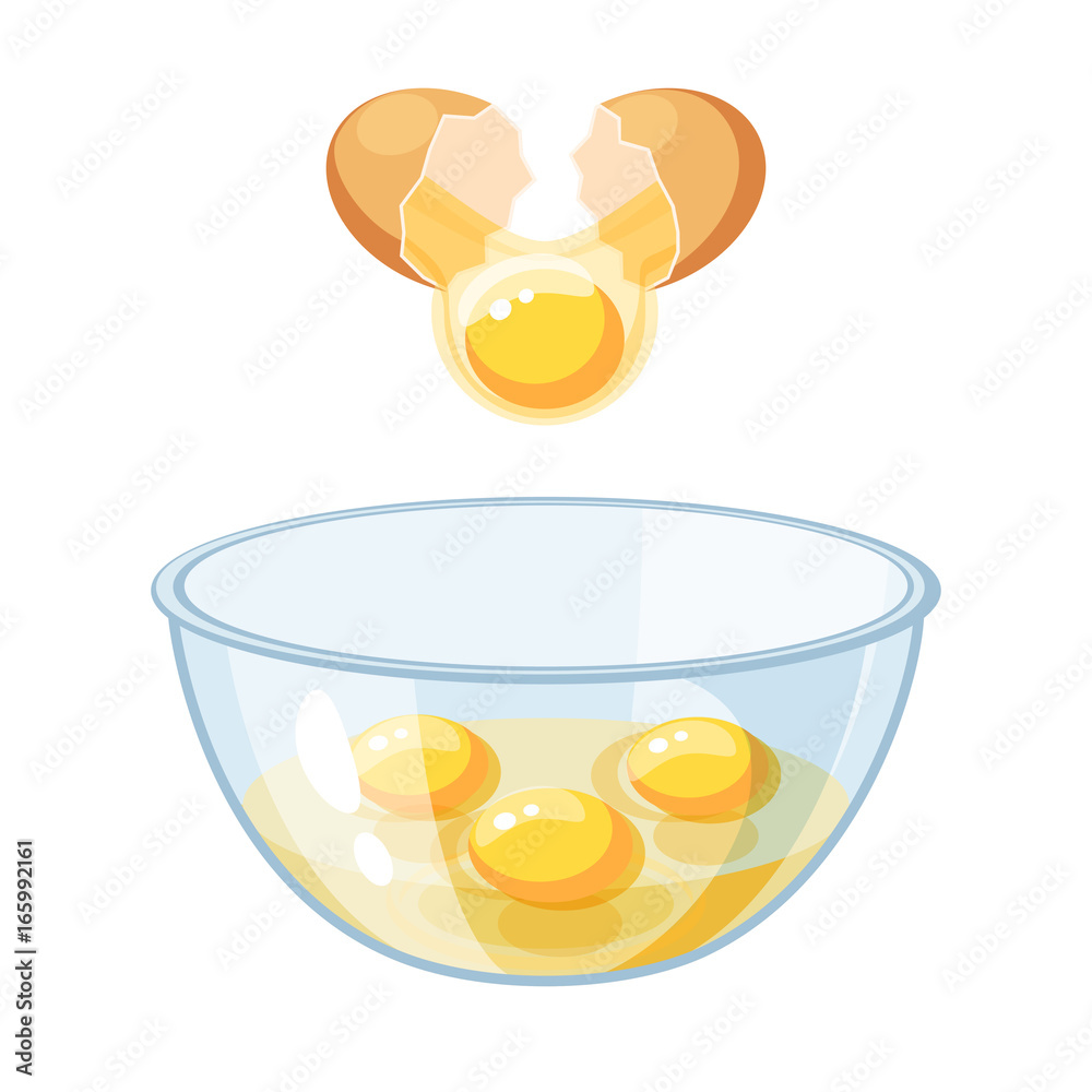 Break the brown egg and pour into a bowl. Vector illustration flat icon  isolated on white. Stock Vector | Adobe Stock