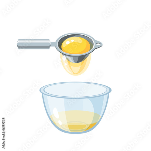Egg yolk separator over a bowl with albumen. Vector illustration flat icon isolated on white.
