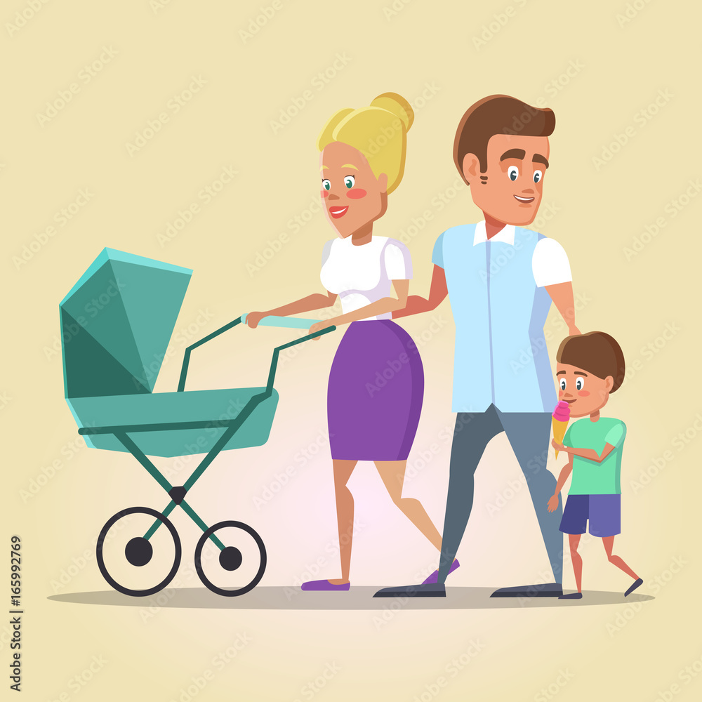 Happy Family on the Walk. Mom, Dad and Son with Newborn Baby in a Pram. Vector illustration