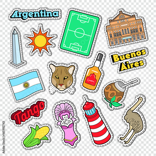 Travel to Argentina Doodle. Argentinian Stickers, Badges and Patches with Animals and Architecture. Vector illustration