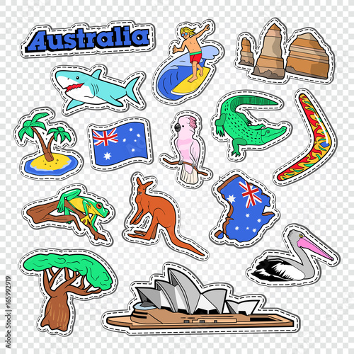 Travel to Australia Doodle. Australian Stickers, Badges and Patches with Map, Animals and Architecture. Vector illustration