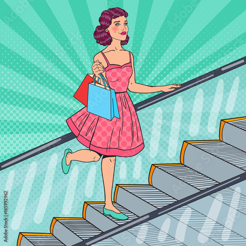 Pop Art Beautiful Woman with Shopping Bags on Escalator. Sale Consumerism. Vector illustration