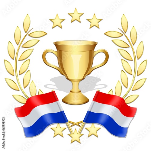 Laurel wreath. Gold trophy. Flags, Netherlands