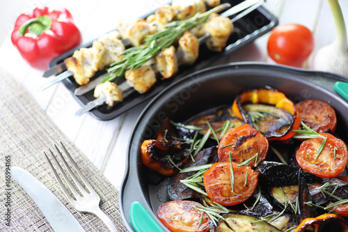 Vegetables grilled pan fried eggplant and tomatoes