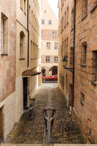 small street and stairs with bicycle of old town in Nuremberg city Germany Bavaria