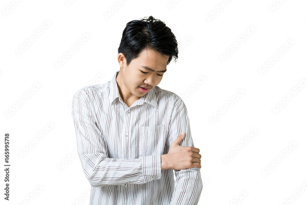 Portrait of a young business man having an arm pain. Isolated on white background with copy space and clipping path