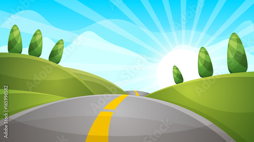 Cartoon landscape illustration. Sun. road, cloud hill Vector eps 10