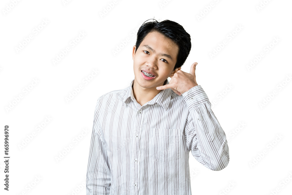 Portrait of a young businessman making a calling sign with his hands. Isolated on white background with copyspace and clipping path Portrait of a young businessman making a calling sign with his hands. Isolated on white background with copyspace and clipping path
