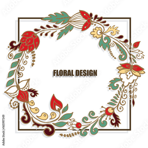stock vector floral card design.doodle pattern with wreath flowers and leaf. russian or orient style