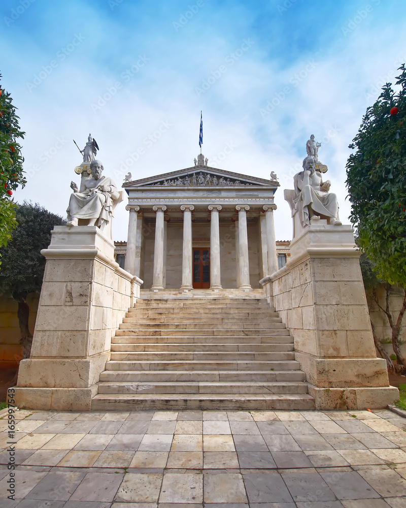 Athens Greece, the National academy, with Apollo, Athena, Plato and Socrates statues