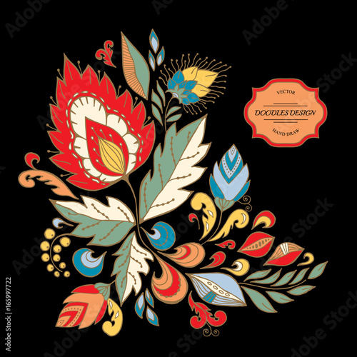 stock vector abstract hand draw flower and wave, doodle bouquet. oriental or arabic, russia textile design. template for card. banner