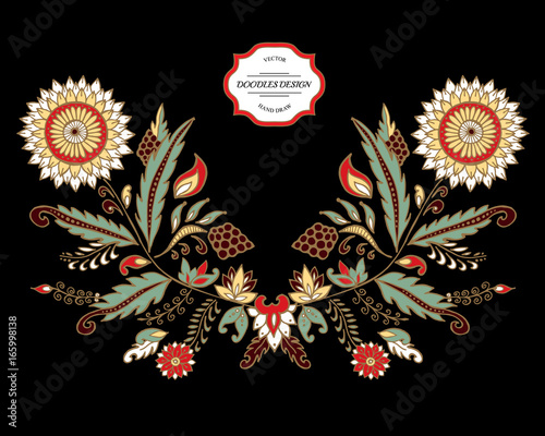 stock vector flowers and leaf ornament. oriental or russian pattern.necklace embroidery design