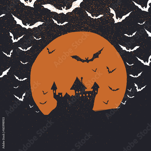 Halloween poster background. Castle, bats and moon. Isolated to black