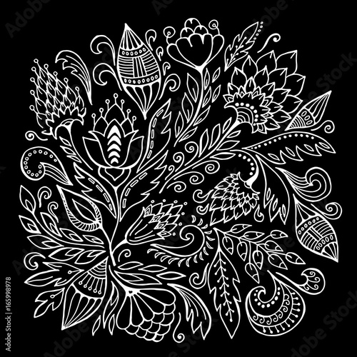 stock vector abstract hand draw flower and wave, doodle bouquet. oriental or arabic, russia textile design. template for card. banner
