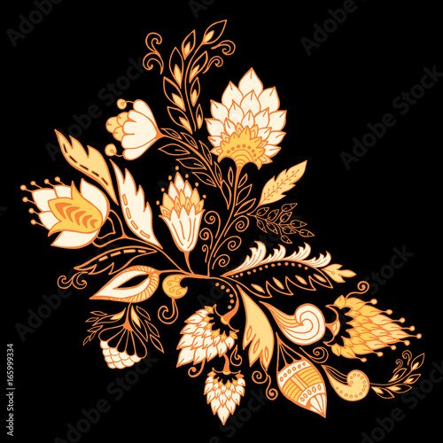 stock vector abstract hand draw flower and wave, doodle bouquet. oriental or arabic, russia textile design. template for card. banner