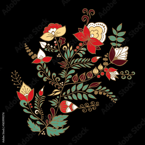 stock vector abstract hand draw flower and wave, doodle bouquet. oriental or arabic, russia textile design. template for card. banner