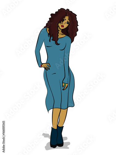 Girl with long dark hair dressed in a blue dress and dark blue shoes stands on a white background eps 10 illustration