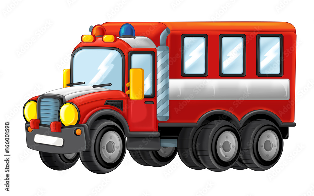 Cartoon funny looking cartoon fire fireman bus - illustration for children