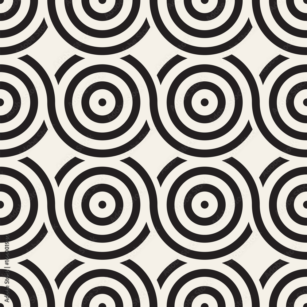 Vector seamless geometric pattern composed with circles and lines. Modern stylish rounded stripes texture. Repeating abstract background