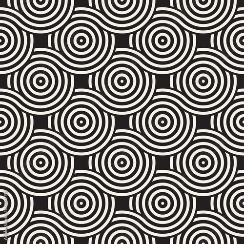 Vector seamless geometric pattern composed with circles and lines. Modern stylish rounded stripes texture. Repeating abstract background