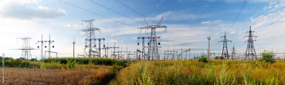 Panorama of high voltage substation. Distribution electrical power.