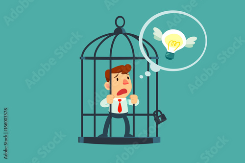 businessman locked in cage thought of flying idea bulb