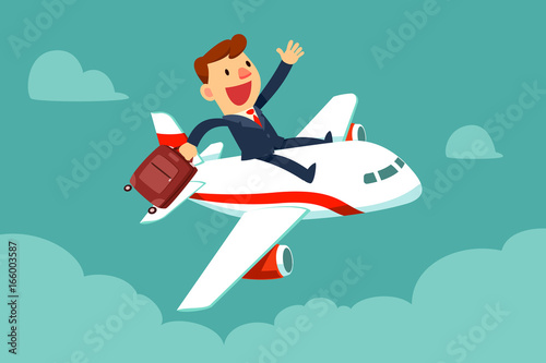 businessman with suitcase sit on top of airplane