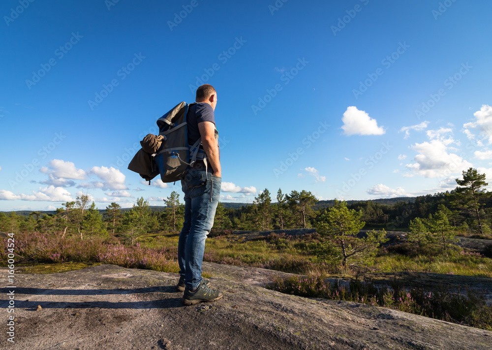 Man standing in the wilderness, forest landscape in Norway with blue sky and clouds