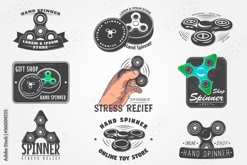 Set of Hand Fidget Spinner Stress Relief Toys. Detailed object. Typographic labels, stickers, logos and badges.
