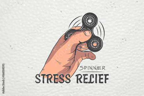 Hand Fidget Spinner Stress Relief Toys. Detailed object. Typographic labels, stickers, logos and badges.
