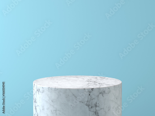 Empty white marble podium on pastel blue color background. 3D rendering.
