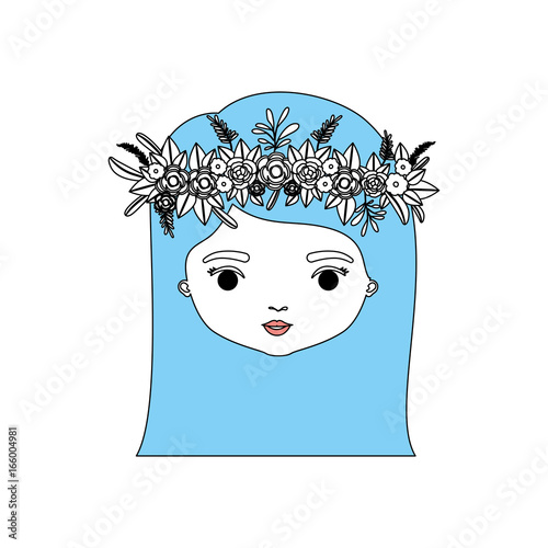 color sections silhouette caricature closeup front view face woman with straigh medium hairstyle and crown decorate with flowers