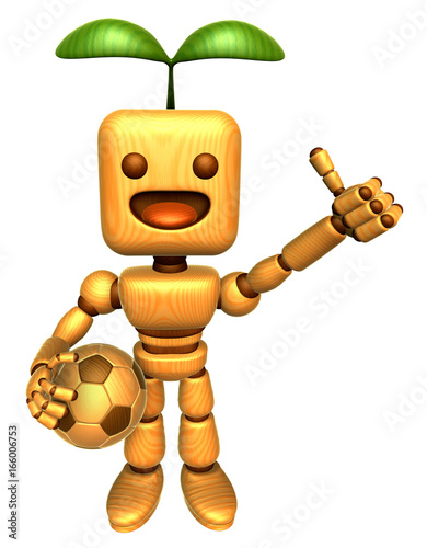 3D Wood Doll Mascot the right hand best gesture and left hand is holding a soccer ball. Wooden Ball Jointed doll Character Design Series.