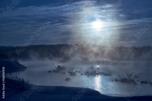 Snags in the river water in winter Moon night