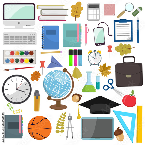 School and education items in the workplace. Vector illustration flat illustration of school supplies. Isolated schools working education accessories on white background. Infographic elements for web